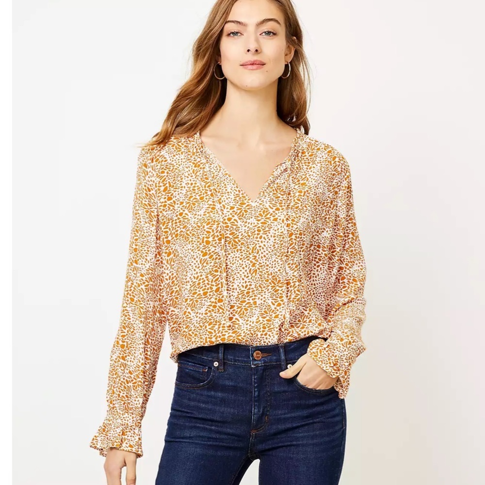 Loft Orange Brown Animal Print Peasant Long Sleeve Career Blouse